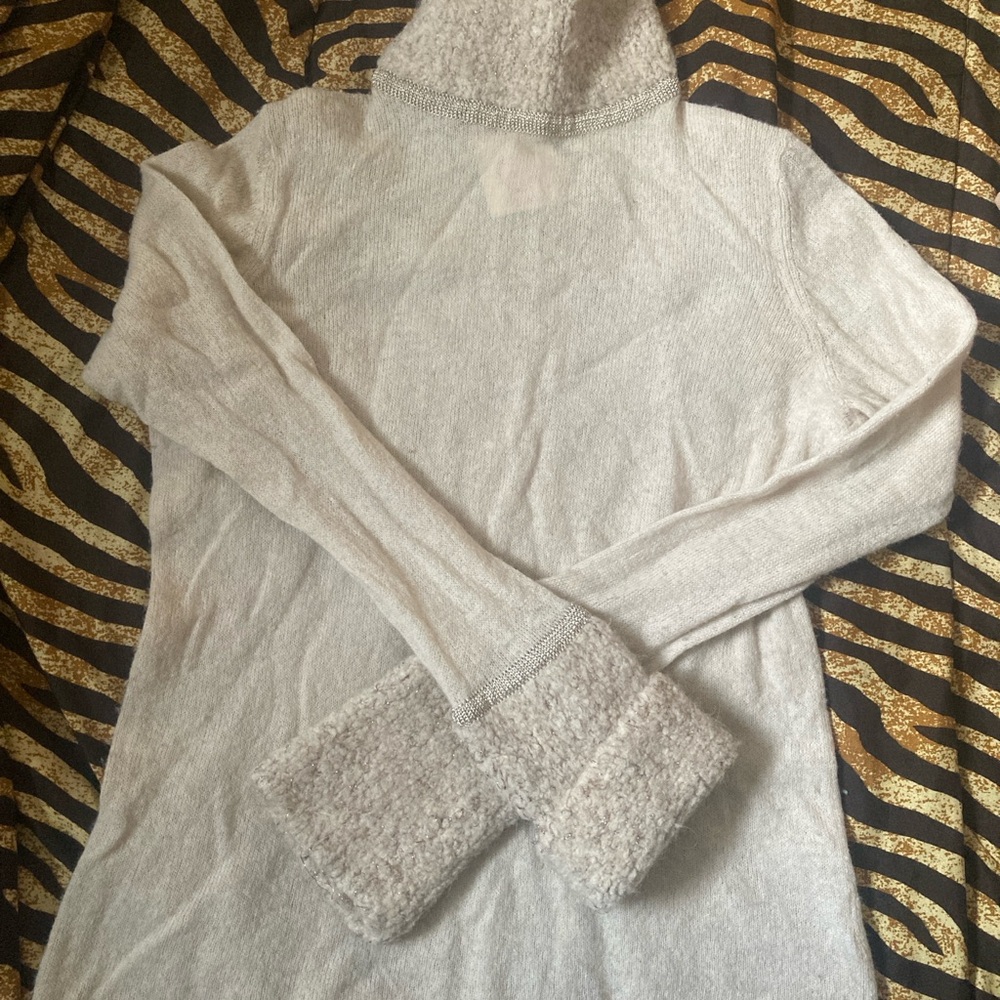 Tory Burch Cream Cowl Neck Sweater with Long Sleeves and Decorative Cuffs